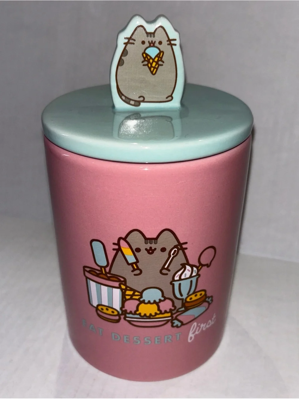 Pusheen Pink Canister with Mint Lid - Dessert Cat Treat Jar 7.5” tall 24 oz